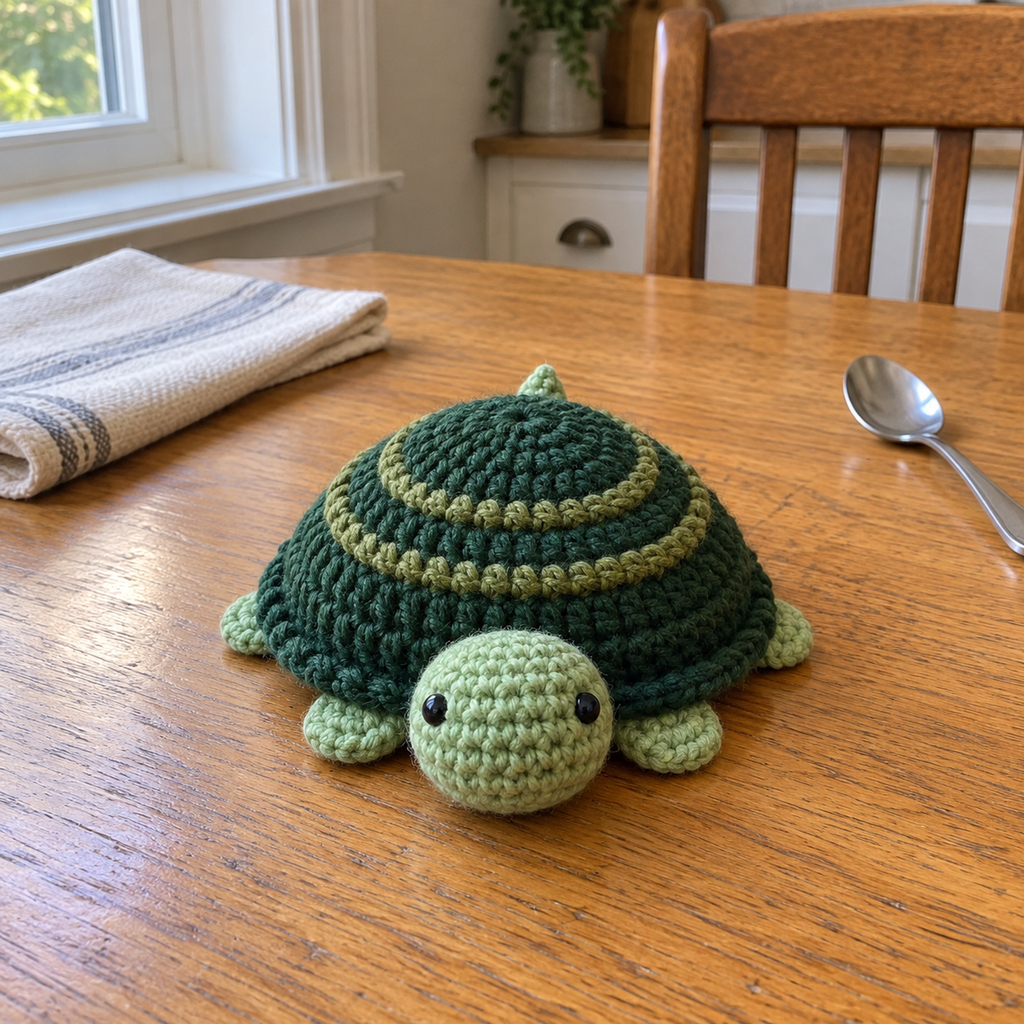 The Classic Green crocheted turtle rests without a mug on the wooden kitchen table, showing a rounded dark-green shell with olive rings and a light-green head resting in front.