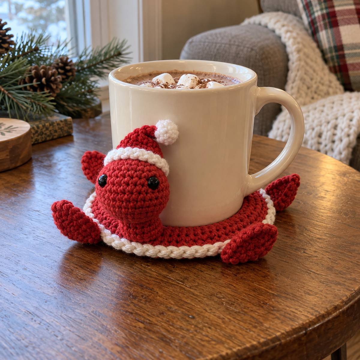 A red Santa crochet turtle with a white-edged shell and red hat holds a cocoa mug, its head upright beside the cup, on a wooden side table near pine sprigs and a knitted throw.