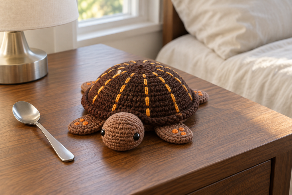 Box Turtle pop-up crochet turtle coaster, yellow-orange rays on a dark-brown shell, shown with no cup, a rounded domed shell with its head and feet resting.