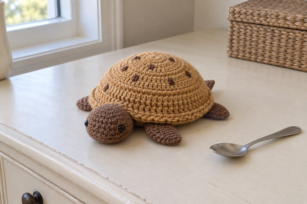 Choc Chip Cookie pop-up crochet turtle coaster, a golden-tan cookie shell with dark-brown chips, shown with no cup, a rounded domed shell with its head and feet resting.