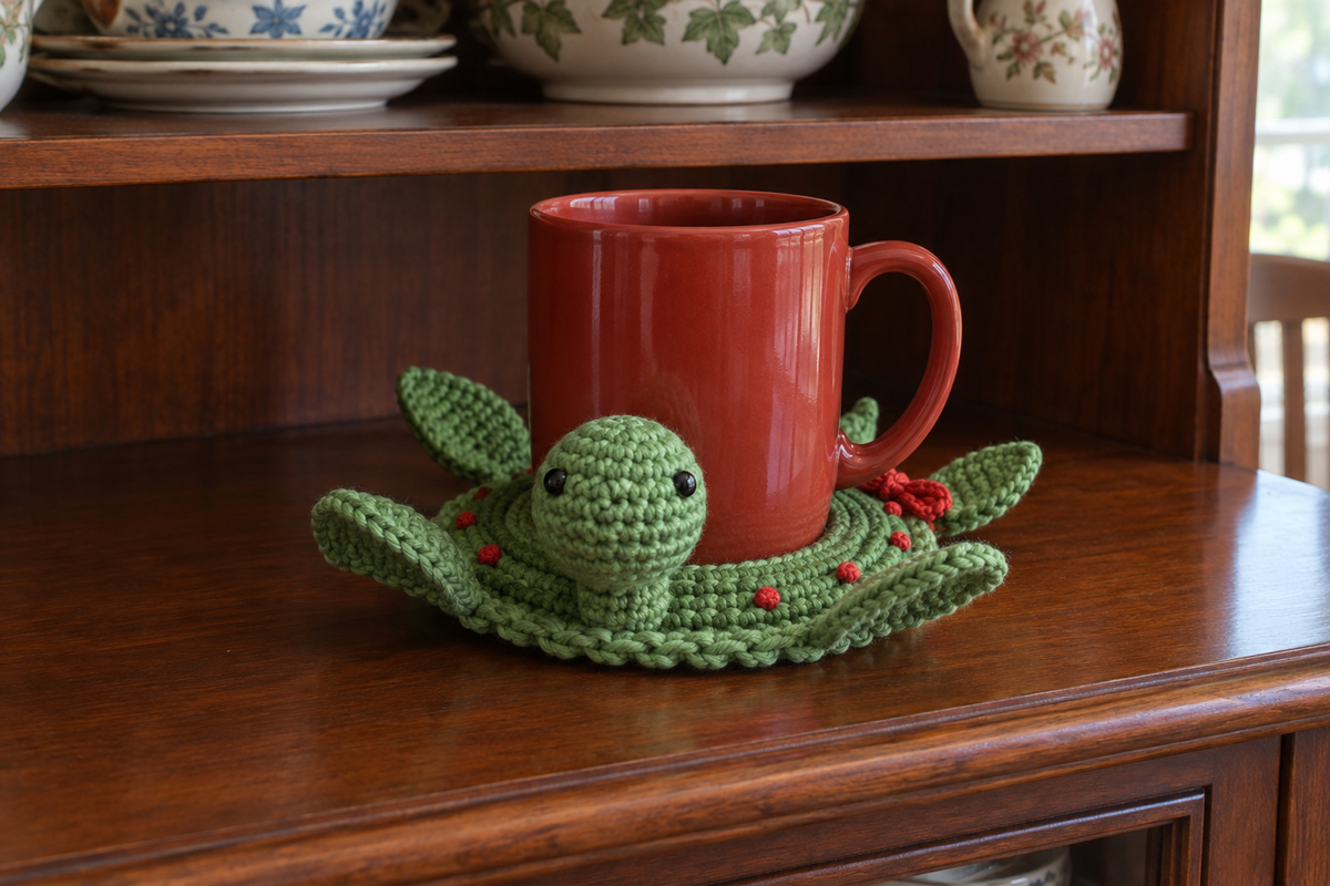 Christmas Wreath pop-up crochet turtle coaster, a green shell with red berries and a little red bow, shown with a mug set on it, its head standing up beside the cup and its feet raised.