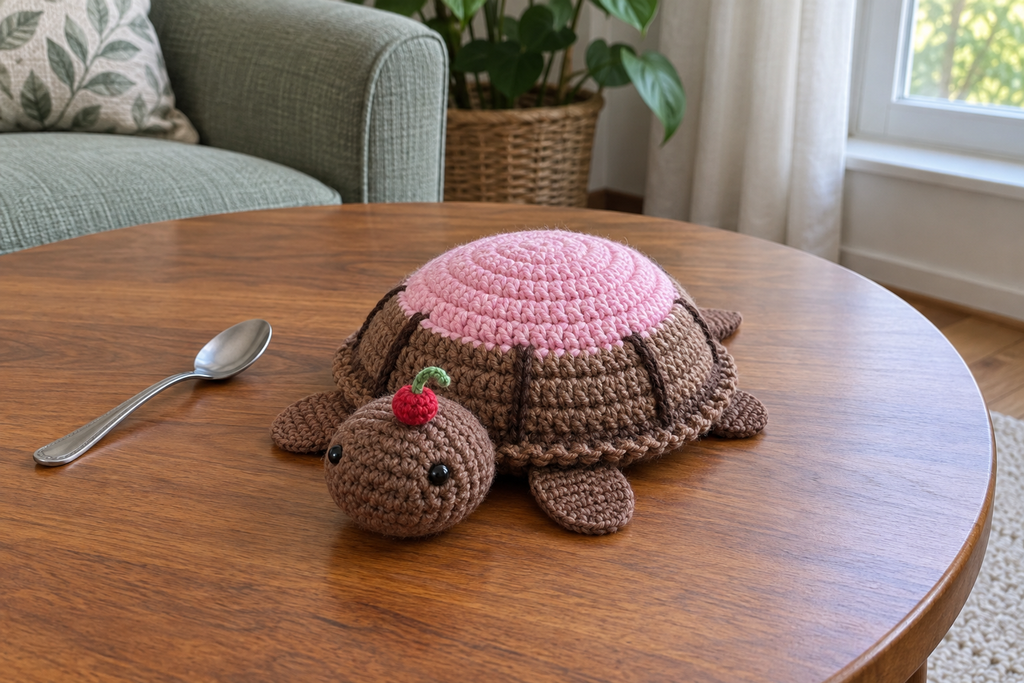 Cupcake pop-up crochet turtle coaster, pink frosting, a brown wrapper and one red cherry, shown with no cup, a rounded domed shell with its head and feet resting.