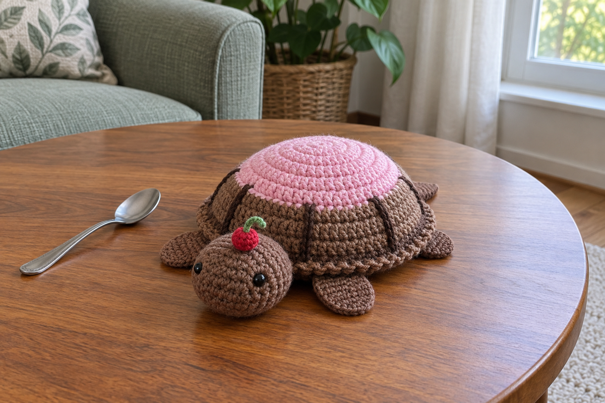 Cupcake pop-up crochet turtle coaster, pink frosting, a brown wrapper and one red cherry, shown with no cup, a rounded domed shell with its head and feet resting.