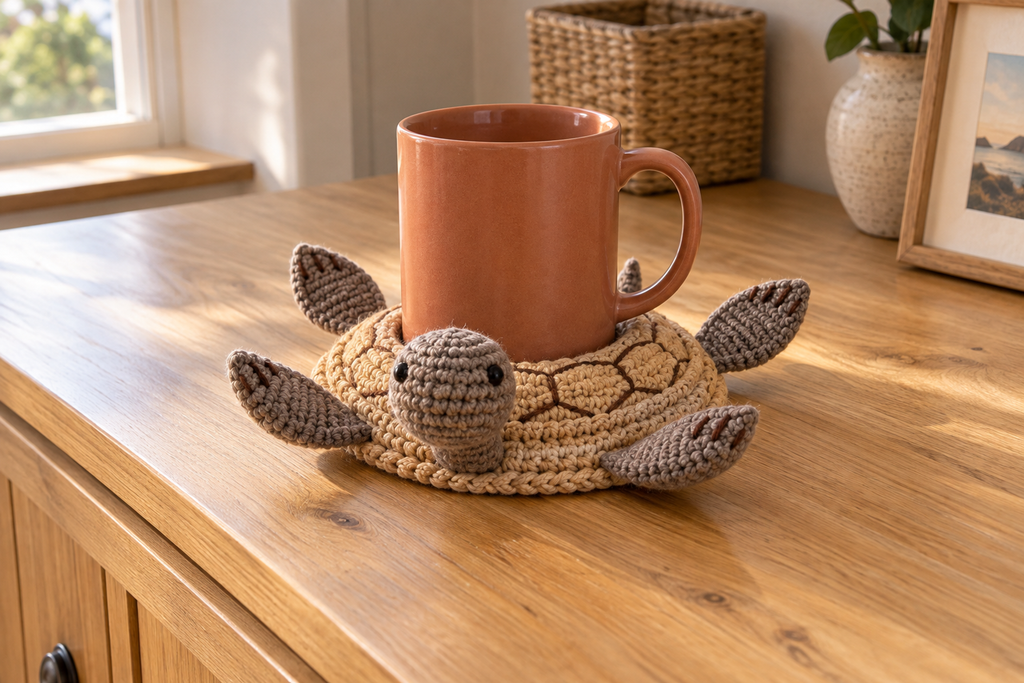 Desert Tortoise pop-up crochet turtle coaster, tan scutes and grey-brown feet with tiny toes, shown with a mug set on it, its head standing up beside the cup and its feet raised.
