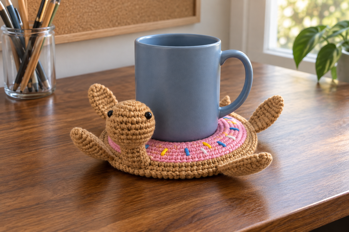Donut pop-up crochet turtle coaster, pink icing with colourful stitched sprinkles and a golden-tan border, shown with a mug set on it, its head standing up beside the cup and its feet raised.