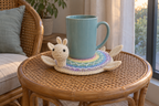 Easter Egg pop-up crochet turtle coaster, pastel round-by-round stripes and two little bunny ears, shown with a mug set on it, its head standing up beside the cup and its feet raised.
