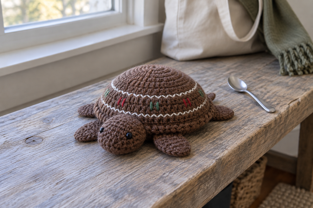 Gingerbread pop-up crochet turtle coaster, brown gingerbread with white icing and festive button dots, shown with no cup, a rounded domed shell with its head and feet resting.