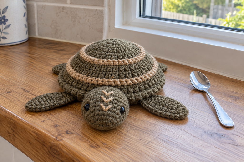 Green Sea Turtle pop-up crochet turtle coaster, an olive-brown shell with tan ribs and two long front flippers, shown with no cup, a rounded domed shell with its head and feet resting.