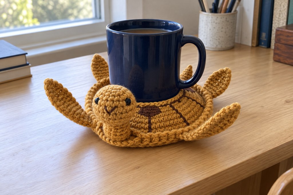Hawksbill Turtle pop-up crochet turtle coaster, amber scutes, long front flippers and a small brown beak line, shown with a mug set on it, its head standing up beside the cup and its feet raised.