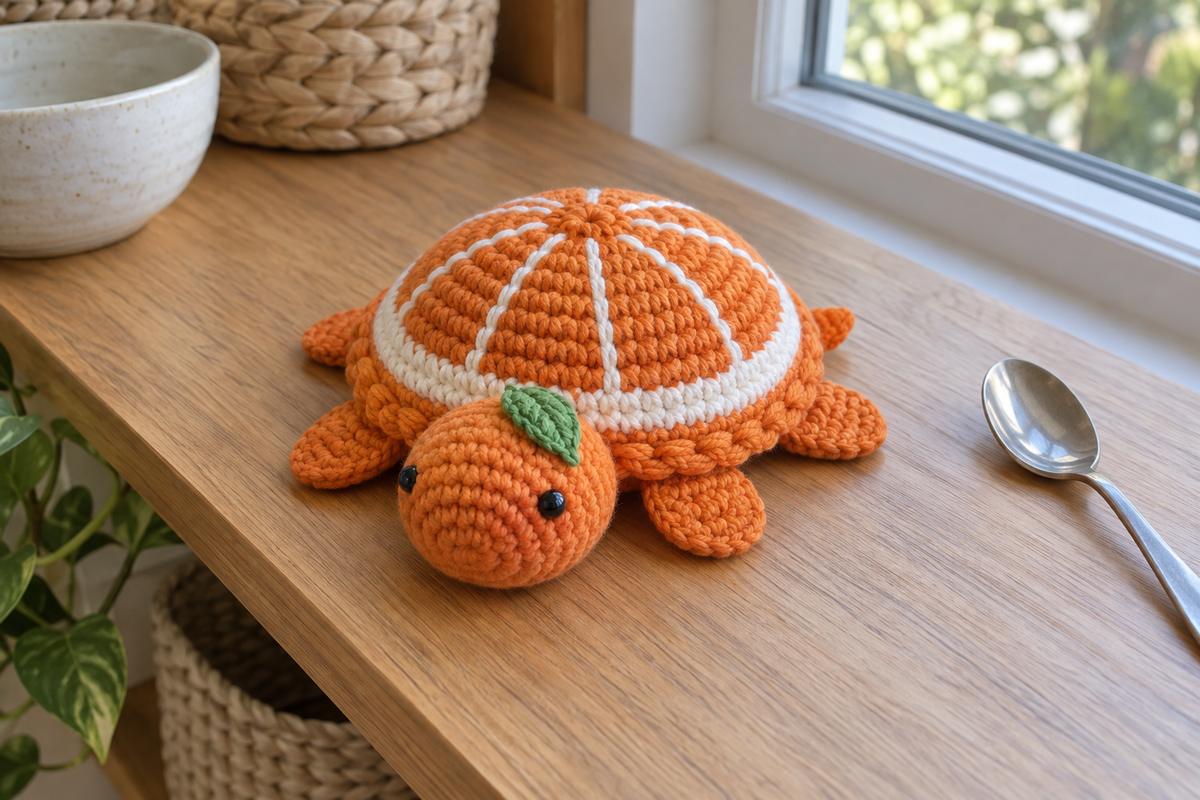 Orange Slice pop-up crochet turtle coaster, orange segments divided by white spokes, with a green leaf, shown with no cup, a rounded domed shell with its head and feet resting.