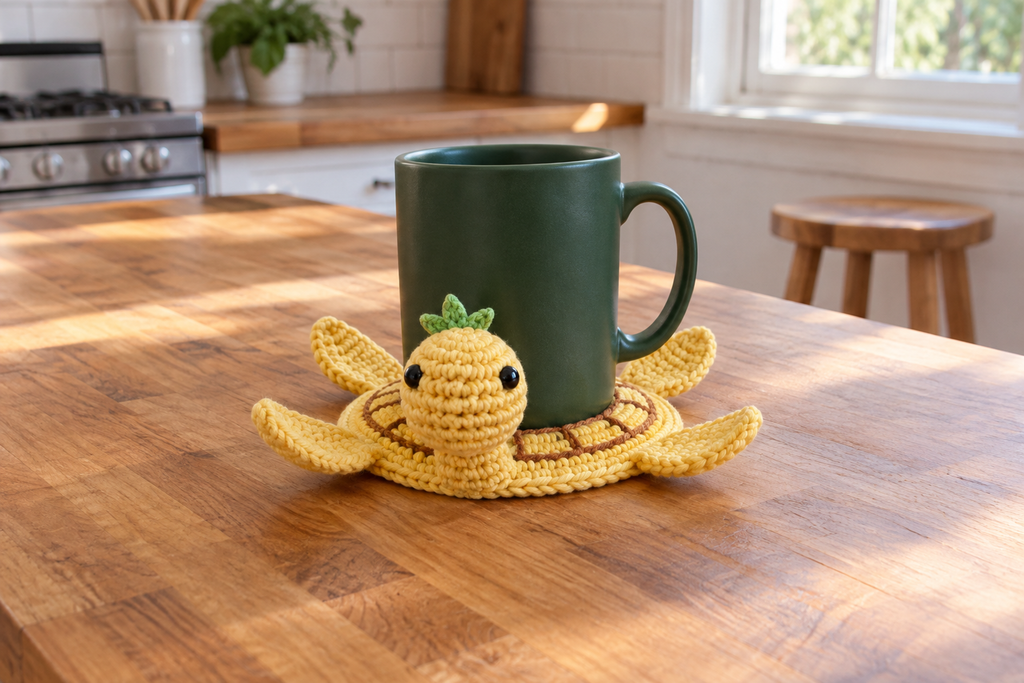 Pineapple pop-up crochet turtle coaster, yellow fruit with a flat brown lattice and a spiky green crown, shown with a mug set on it, its head standing up beside the cup and its feet raised.