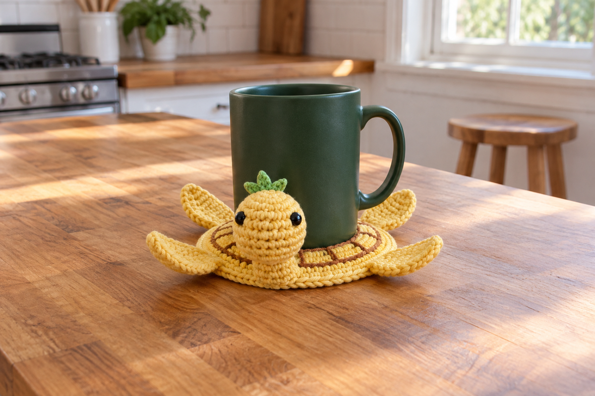 Pineapple pop-up crochet turtle coaster, yellow fruit with a flat brown lattice and a spiky green crown, shown with a mug set on it, its head standing up beside the cup and its feet raised.
