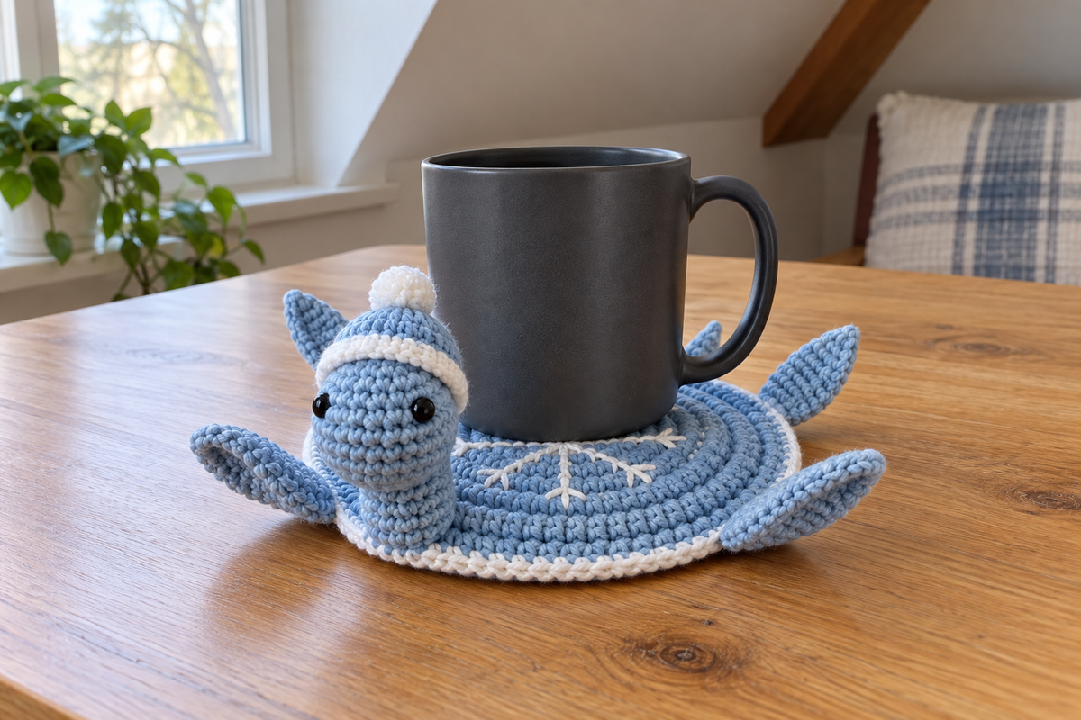 Snowflake pop-up crochet turtle coaster, icy blue with a white snowflake, white edge and pompom beanie, shown with a mug set on it, its head standing up beside the cup and its feet raised.