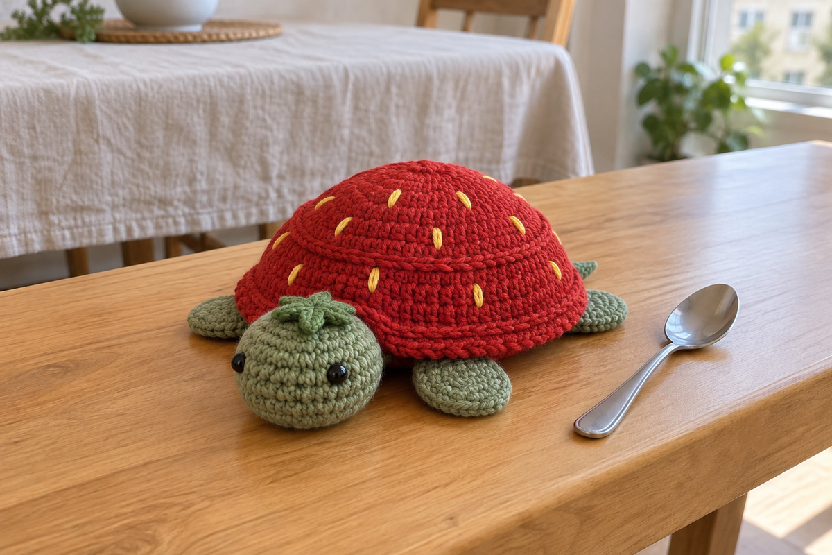 Strawberry pop-up crochet turtle coaster, a seed-speckled red shell and a five-point green calyx, shown with no cup, a rounded domed shell with its head and feet resting.
