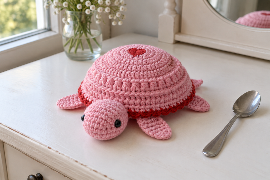 Valentine pop-up crochet turtle coaster, a pink shell with a flat red heart and matching red edge, shown with no cup, a rounded domed shell with its head and feet resting.
