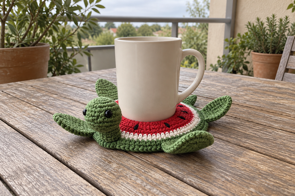 Watermelon pop-up crochet turtle coaster, red fruit, a white inner rind and a green edge, shown with a mug set on it, its head standing up beside the cup and its feet raised.