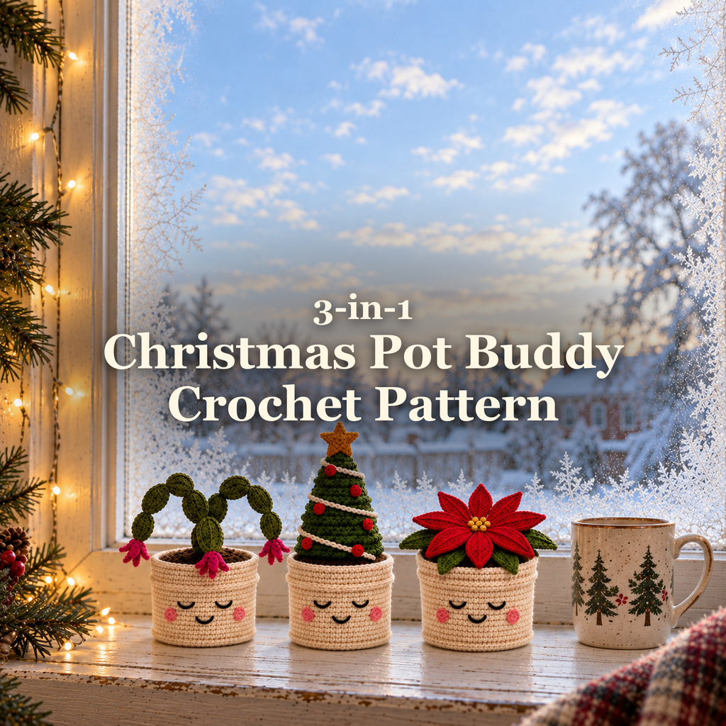 Christmas Cactus, Fir Tree and Poinsettia crochet plants in cream smiling pots on a frosty windowsill beside fairy lights and a mug, with the Christmas Pot Buddy Crochet Pattern title.