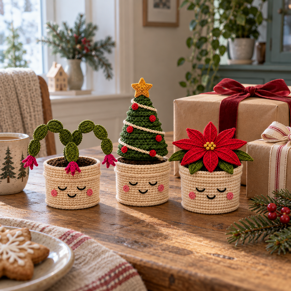 Three Christmas crochet plants in cream smiling pots standing on a wooden table beside wrapped gifts.