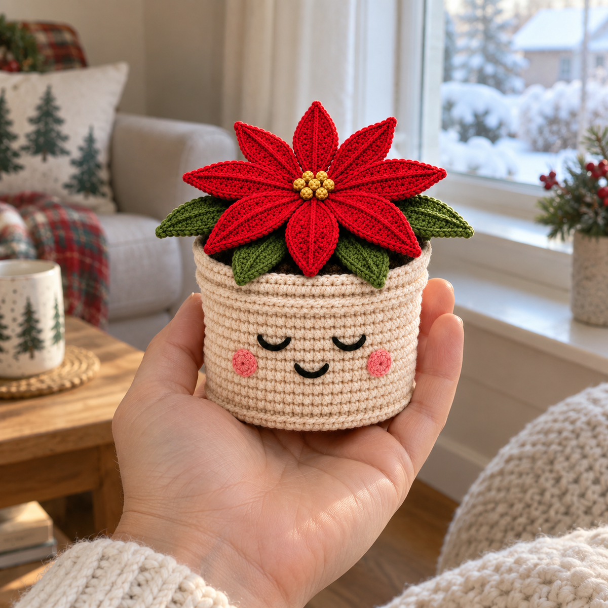 An adult hand holding a small crochet Poinsettia with red petals, green leaves and a gold centre in a cream smiling pot.