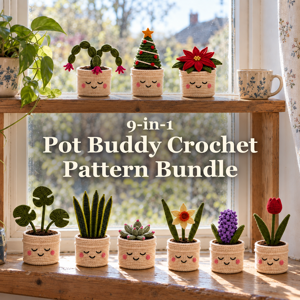 Nine small crochet plants in cream smiling pots, grouped by collection on a sunny wooden windowsill and shelf beneath the Pot Buddy Crochet Pattern Bundle title.