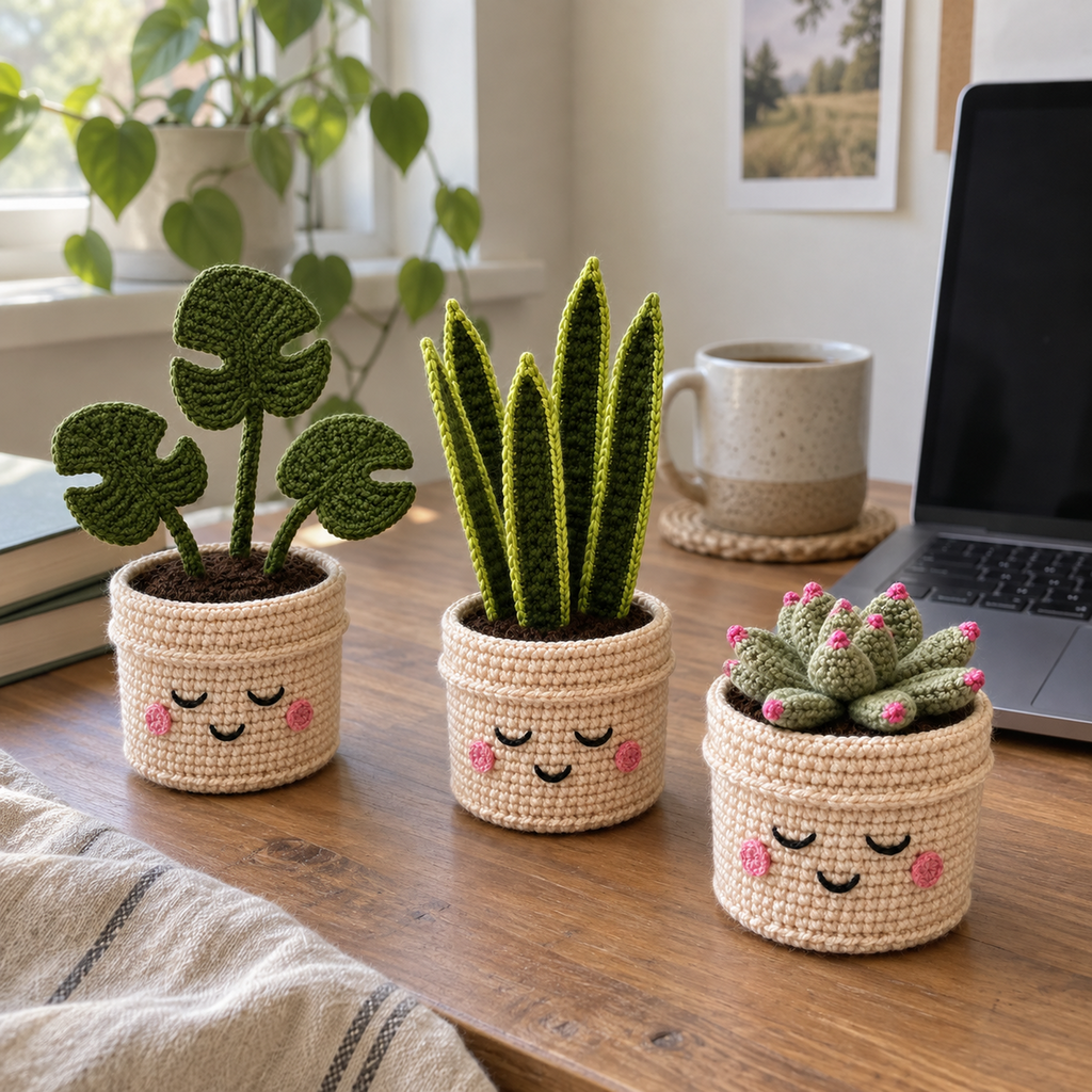 Crochet Monstera, snake plant and pink-tipped succulent in cream smiling pots on a wooden home office desk beside a laptop and mug.