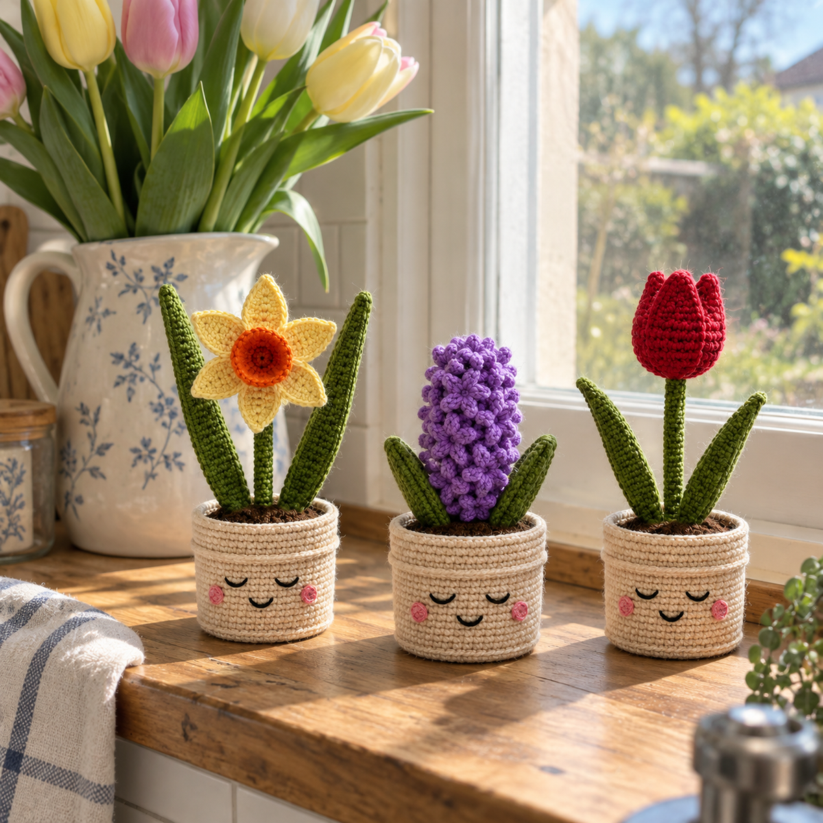 Crochet daffodil, purple hyacinth and red tulip in cream smiling pots on a kitchen windowsill beside a jug of fresh tulips.