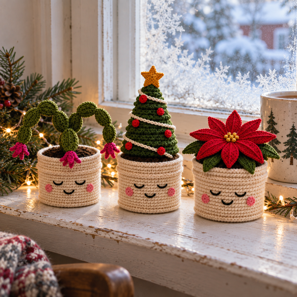 Crochet Christmas cactus, decorated fir tree and red poinsettia in cream smiling pots on a frosty windowsill with fairy lights.