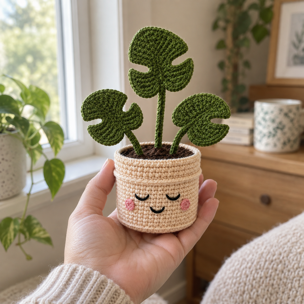 An adult hand holding a small crochet Monstera upright in a cream pot with closed eyes, a smile and pink cheeks.