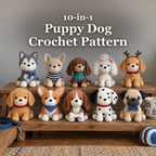 Ten crochet puppy dogs in two rows on a wooden bench, with the title 10-in-1 Puppy Dog Crochet Pattern above.