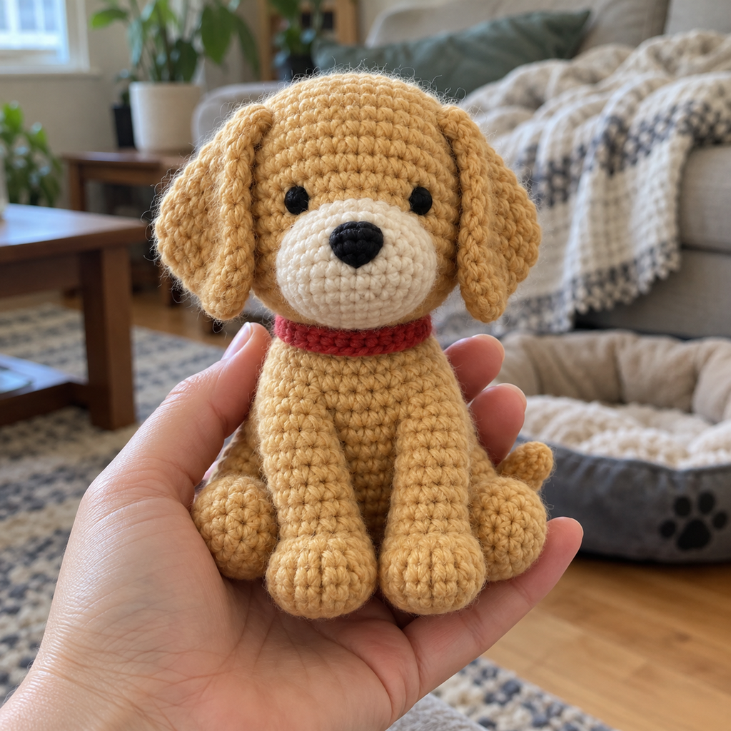 An adult hand holding a golden crochet puppy with floppy ears and a red collar, with a dog bed behind.