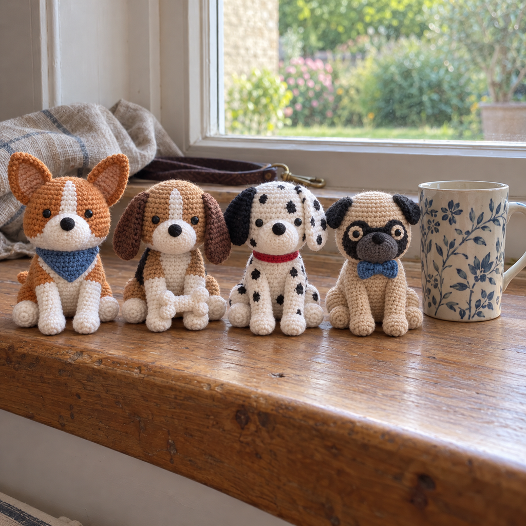 Corgi, Beagle, Dalmatian and Pug crochet puppies sitting together on a sunny wooden windowsill.