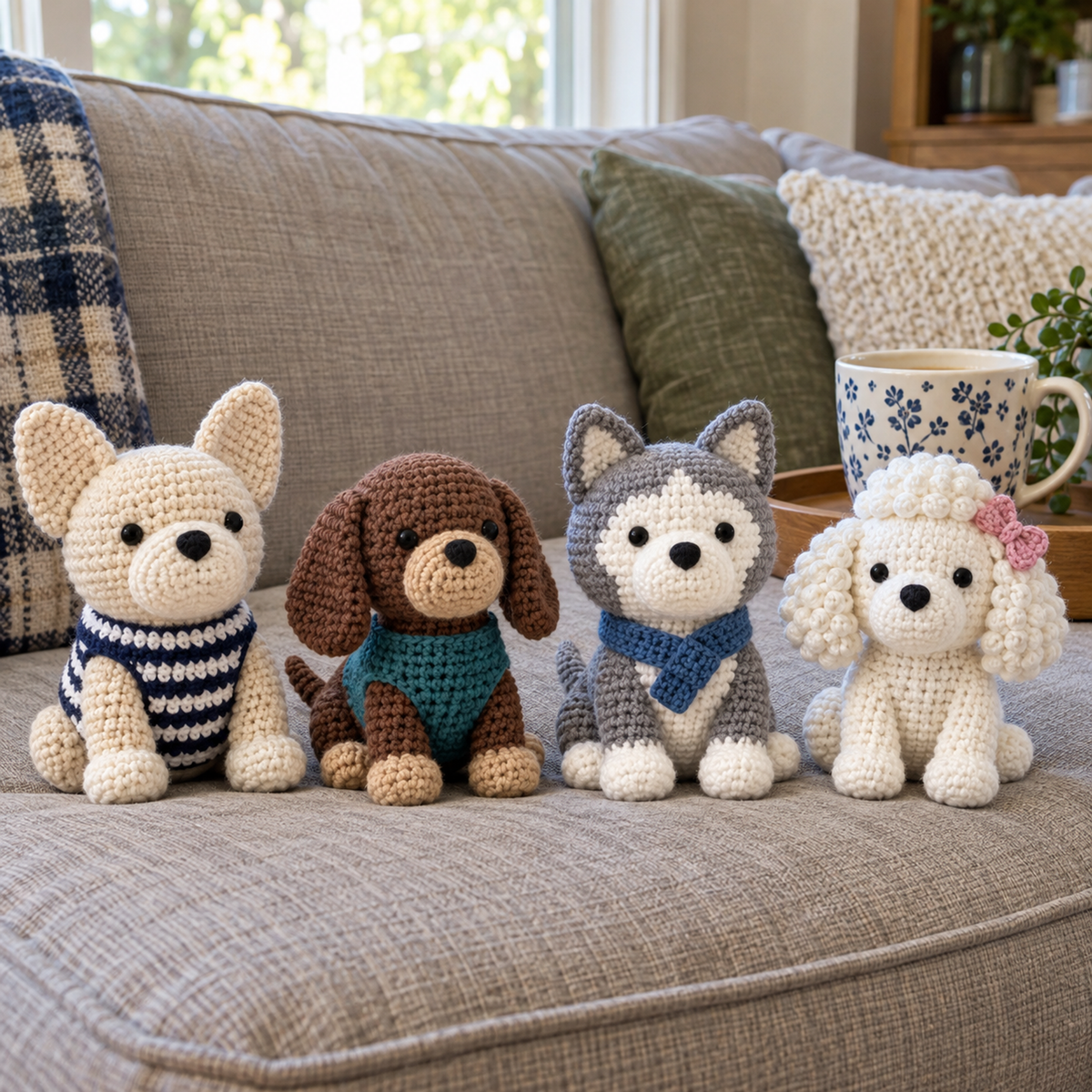 French Bulldog, Dachshund, Husky and Poodle crochet puppies in their shirt, sweater, scarf and bow on a sofa cushion.