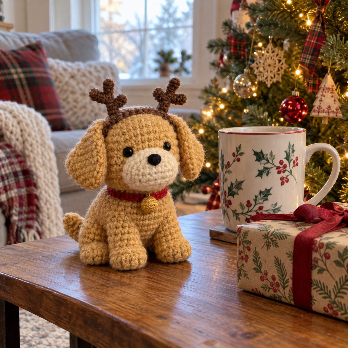 A golden crochet puppy wearing reindeer antlers and a red collar beside a Christmas tree and wrapped gift.