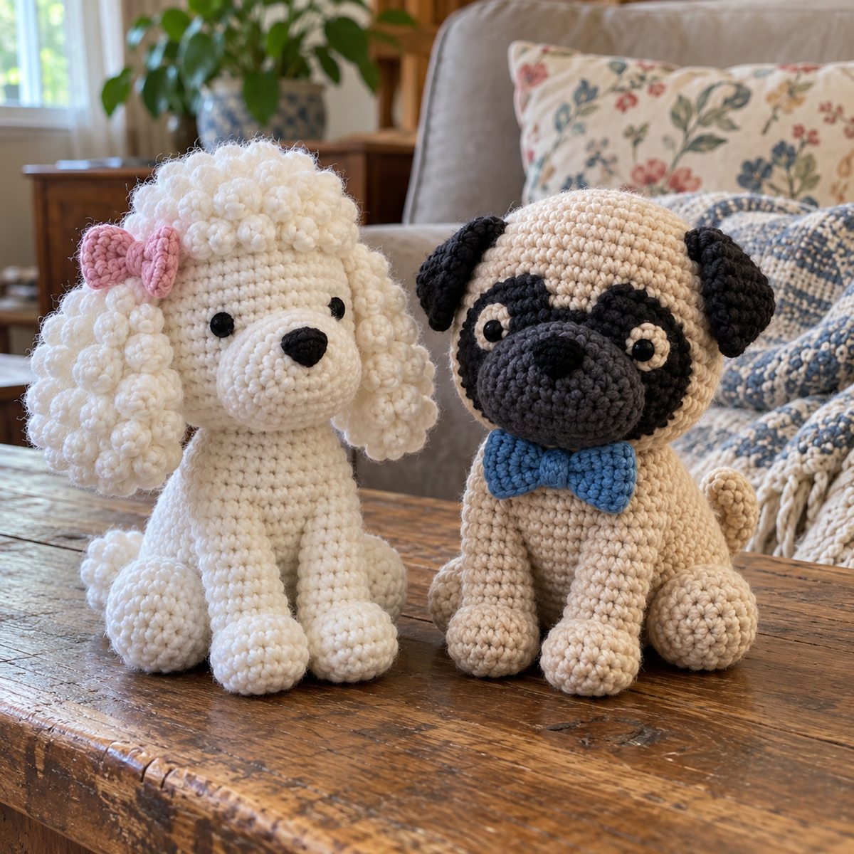 A close view of a white crochet Poodle with bobble curls and a pink bow beside a fawn Pug with a black mask and blue bow tie.