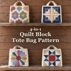 Four crochet quilt block tote bags on two porch shelves with the title 4-in-1 Quilt Block Tote Bag Pattern across the empty wood between them.