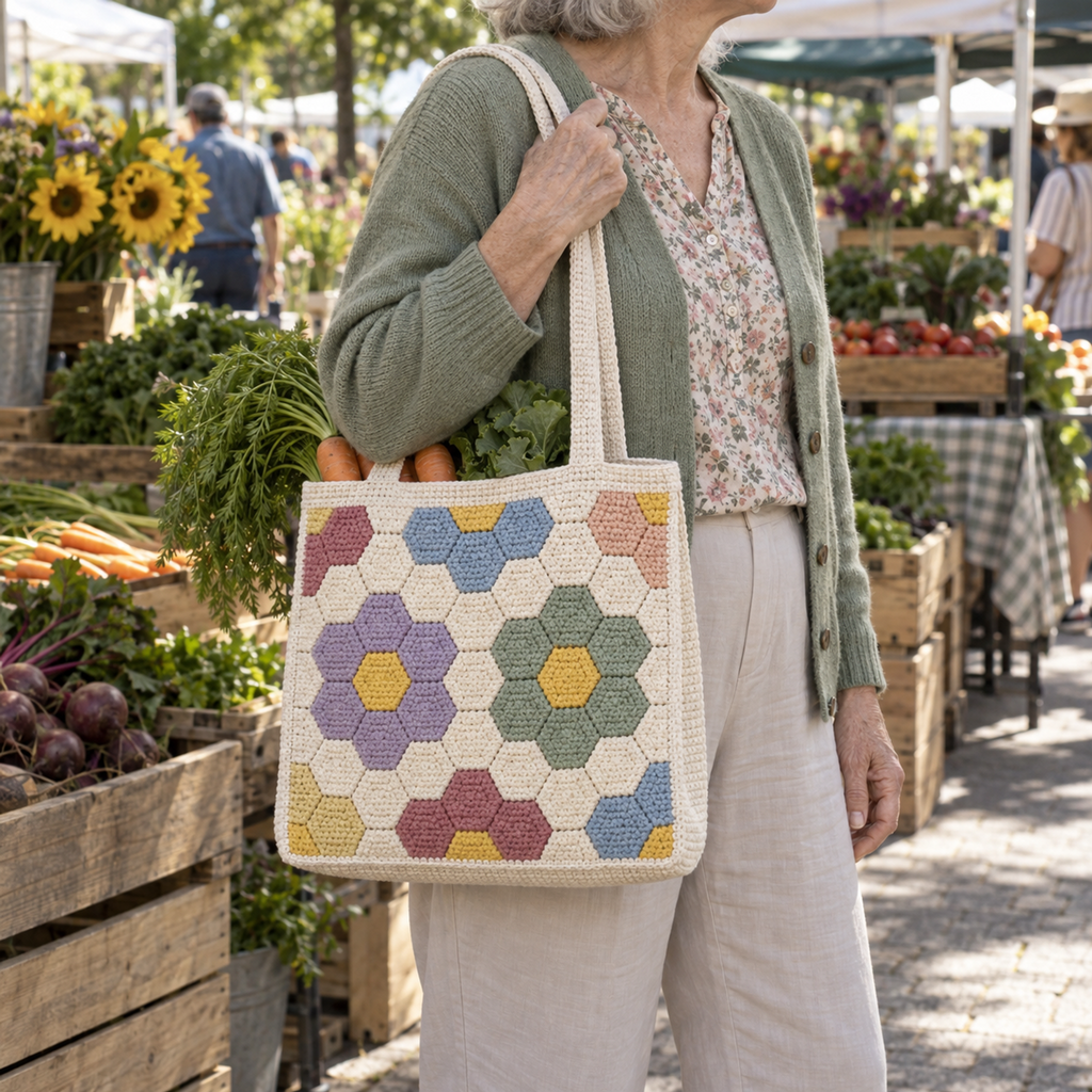 A woman carries a Flower Garden hexagon crochet tote filled with vegetables at a farmers market.