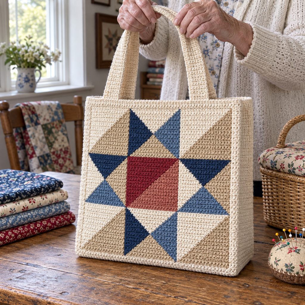 Hands hold an Ohio Star crochet tote on a wooden table beside folded fabrics and a sewing basket.