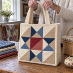 Hands hold an Ohio Star crochet tote on a wooden table beside folded fabrics and a sewing basket.