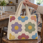 A hand holds the cream handles of a Flower Garden tote, showing the cotton stitches and hexagon joins.