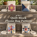 Four quilt block crochet phone bags on porch shelves with the title 4-in-1 Quilt Block Phone Bag Pattern.