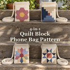 Four quilt block crochet phone bags on porch shelves with the title 4-in-1 Quilt Block Phone Bag Pattern.