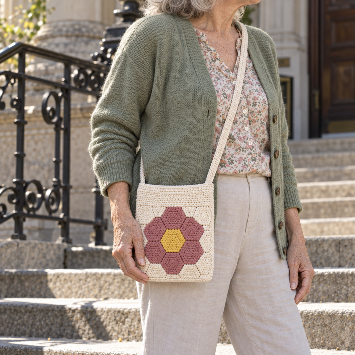 Flower Garden crochet phone bag worn crossbody with a cardigan on stone steps.