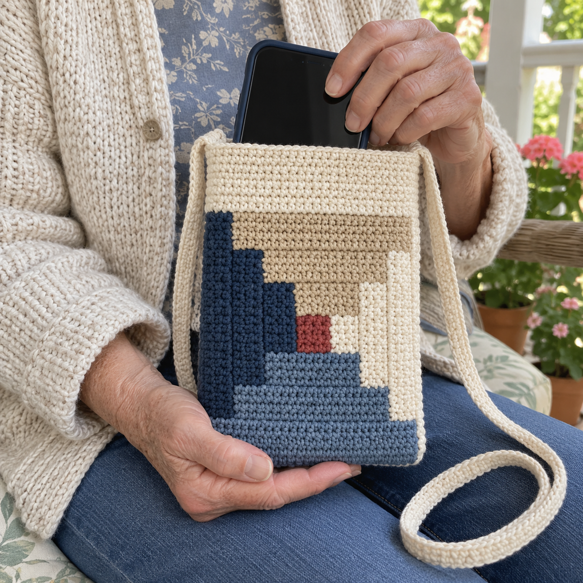 Hands holding a small Log Cabin crochet bag while sliding a phone into its cream opening.