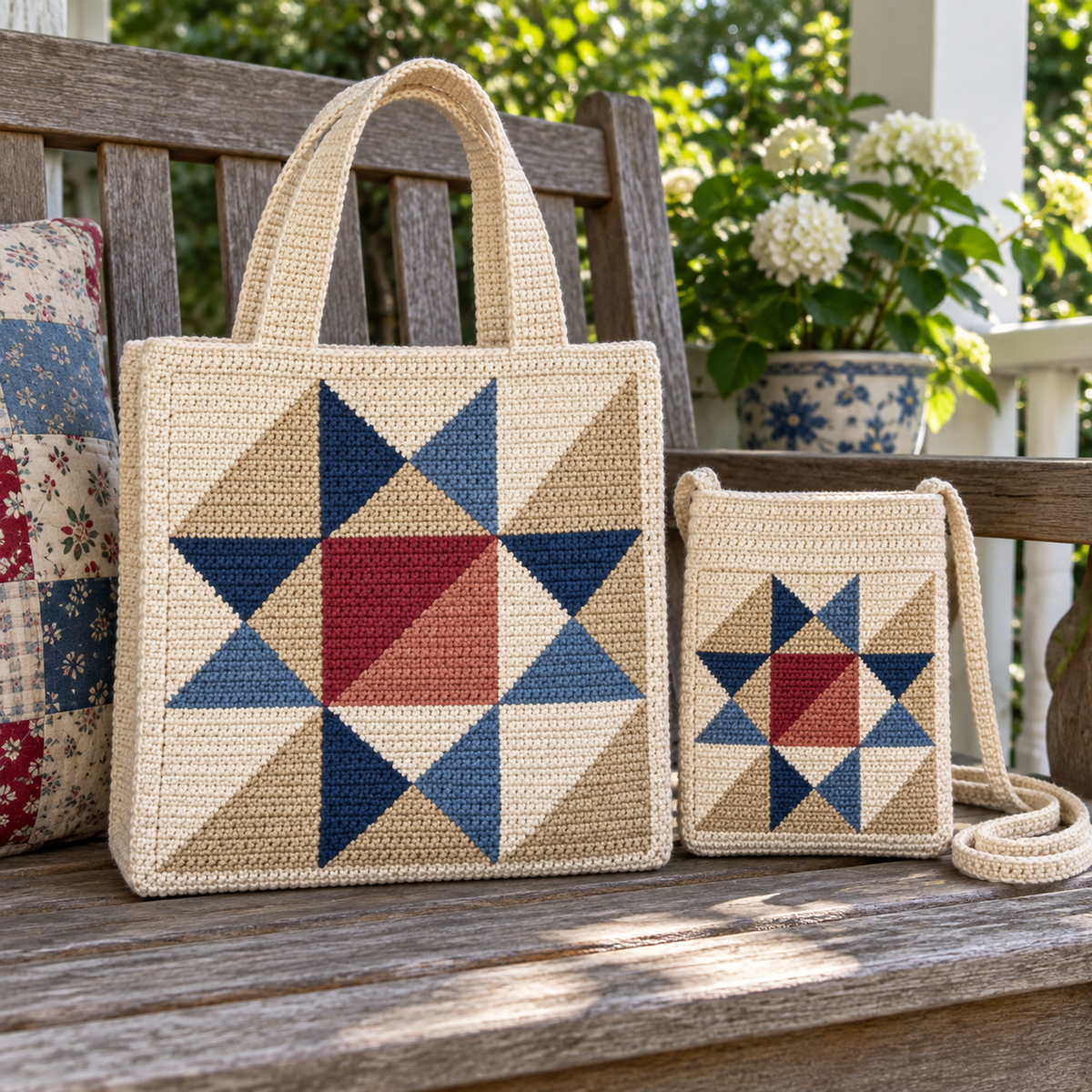 Small Ohio Star crossbody phone bag beside a matching larger crochet tote on a wooden porch bench.