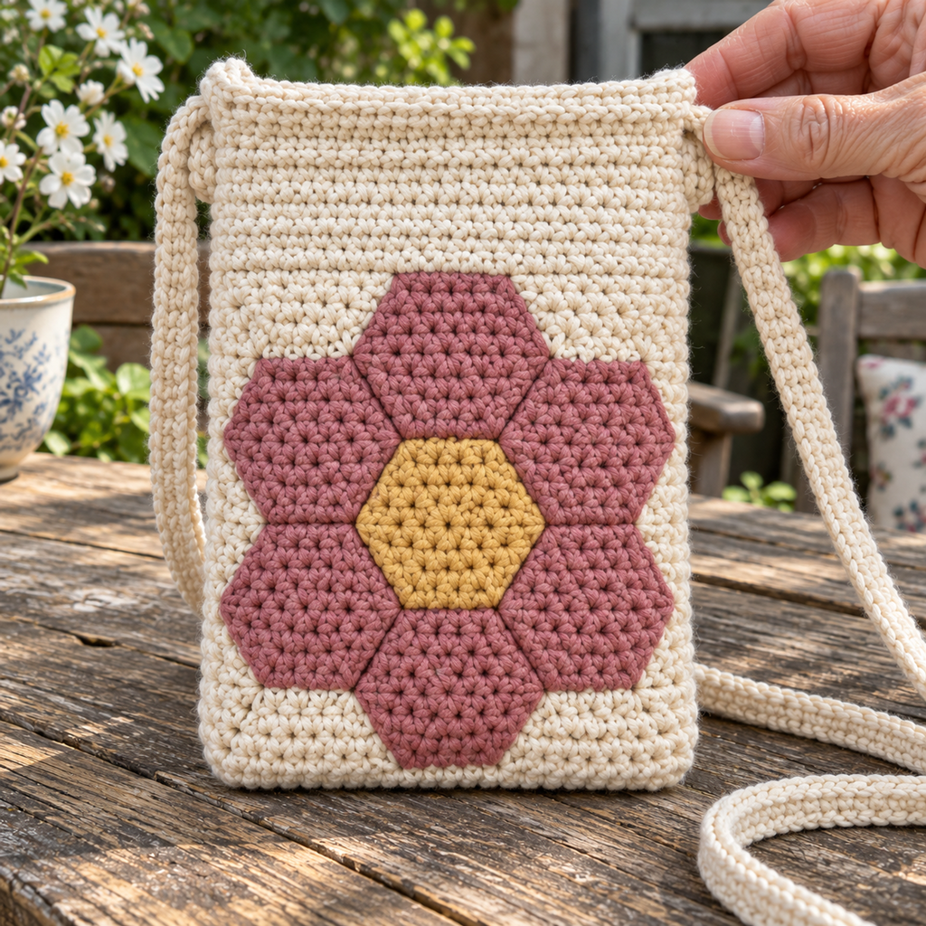 Close view of yellow and rose crochet hexagons joined in a cream phone bag, with fingers holding the strap attachment.