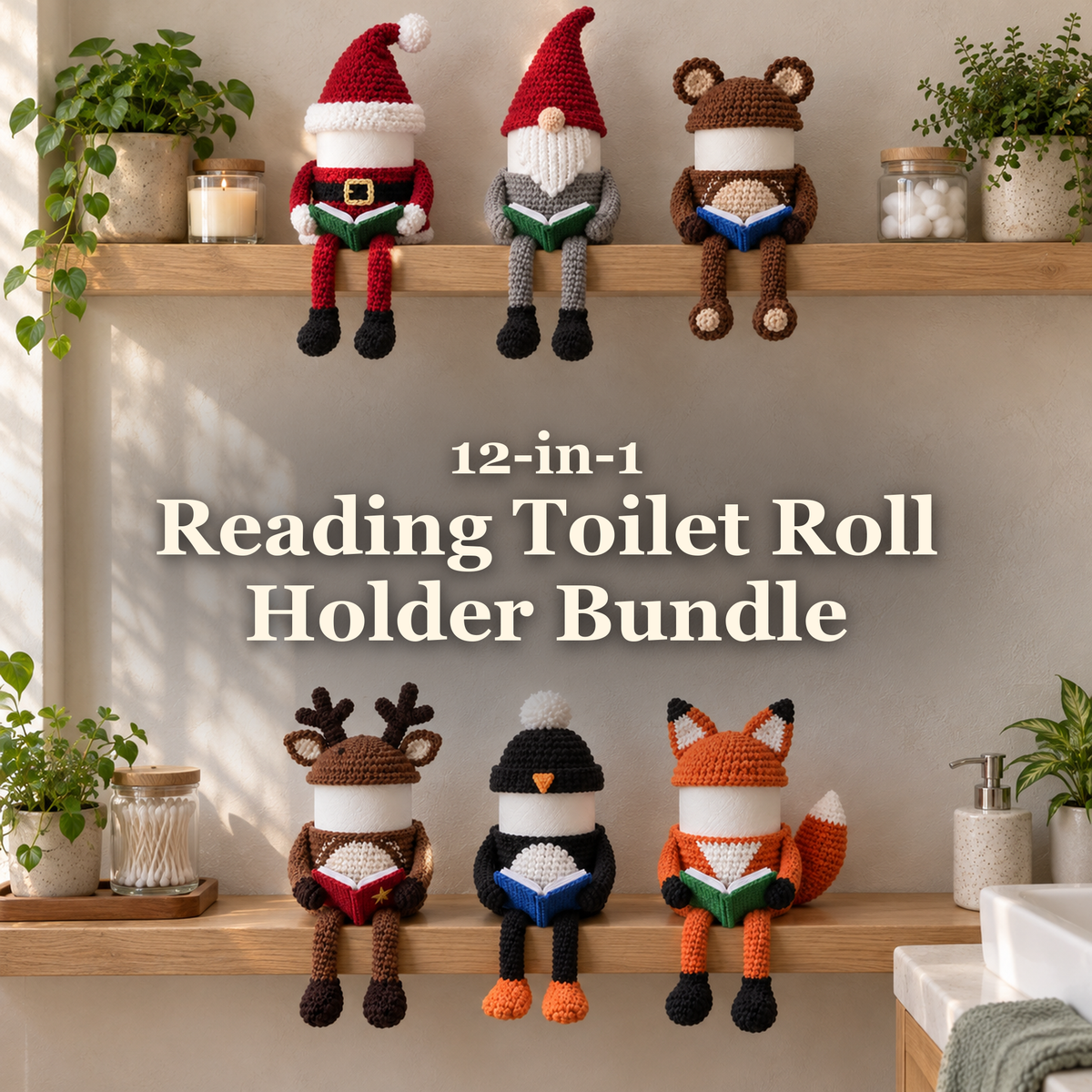 Santa, Reindeer, Gnome, Penguin, Bear and Fox crochet reading roll holders on wooden bathroom shelves beneath the title 12-in-1 Reading Toilet Roll Holder Bundle.