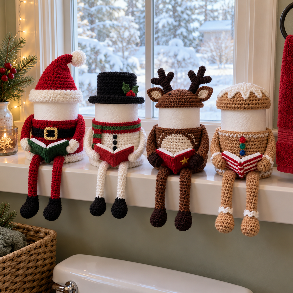 Santa, Snowman, Reindeer and Gingerbread crochet reading roll holders sit on a bathroom windowsill with their hats on, open books and hanging legs.