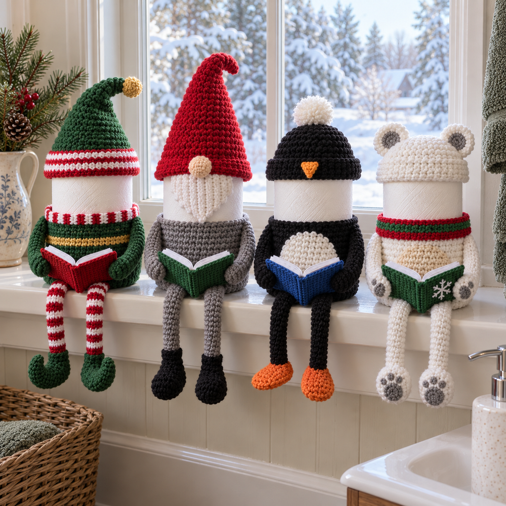 Elf, Gnome, Penguin and Polar Bear crochet reading roll holders sit on a bathroom windowsill with open red, green, blue and green books and hanging legs.
