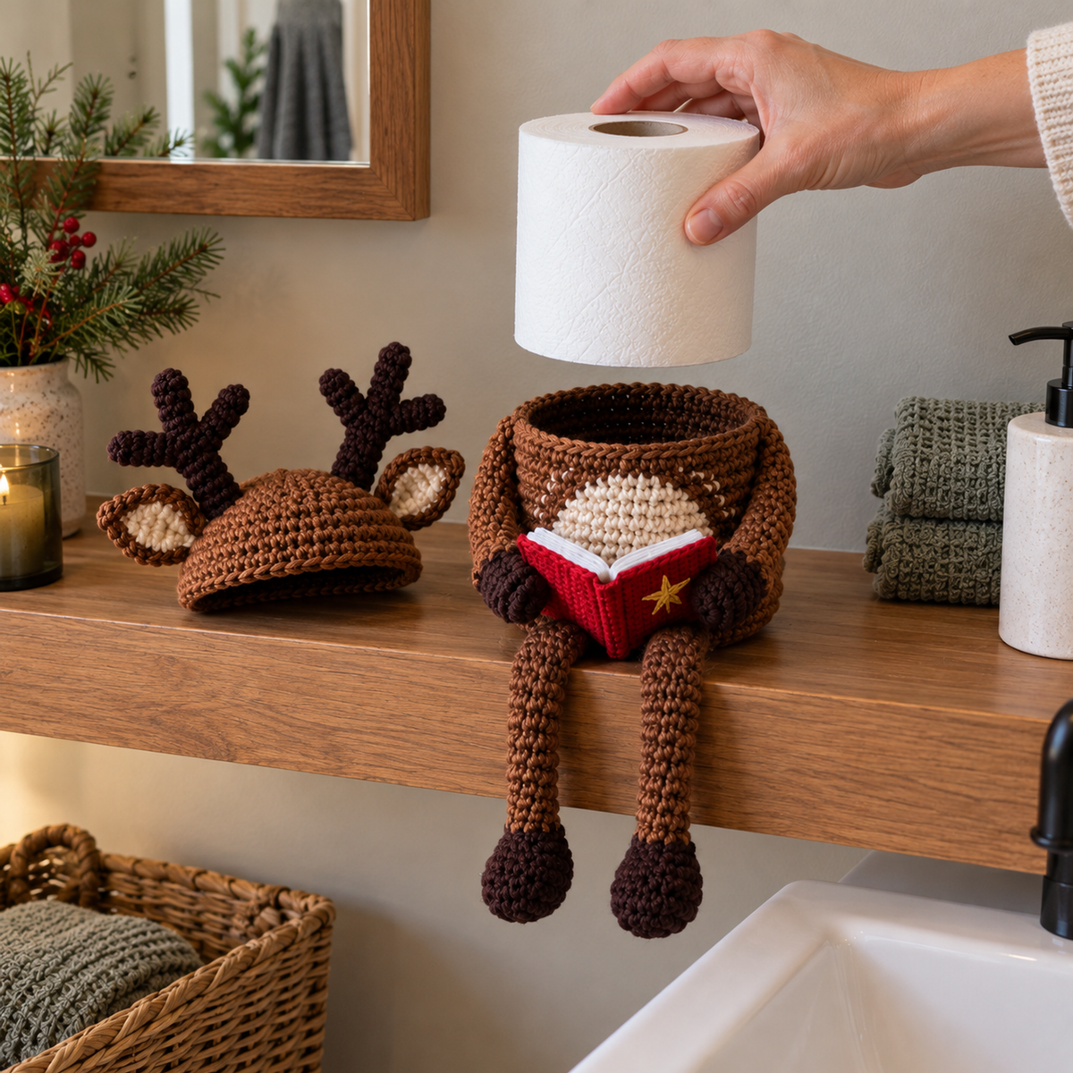 An adult hand lowers an upright white toilet roll over the empty Reindeer crochet basket; its antler cap rests beside it and its red book stays open on its lap.