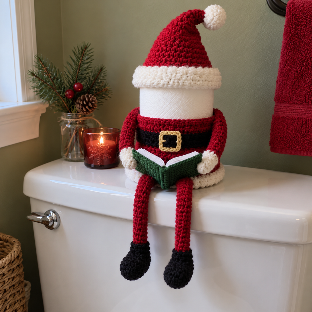 Santa crochet reading roll holder sits on a white toilet cistern with a pointed red hat, exposed white roll, open green book and dangling red legs with black boots.
